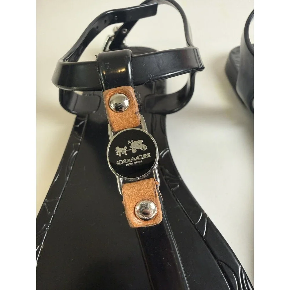Coach Women’s Black Thong Sandals T-Strap Ankle Strap Buckle Logo US 8B